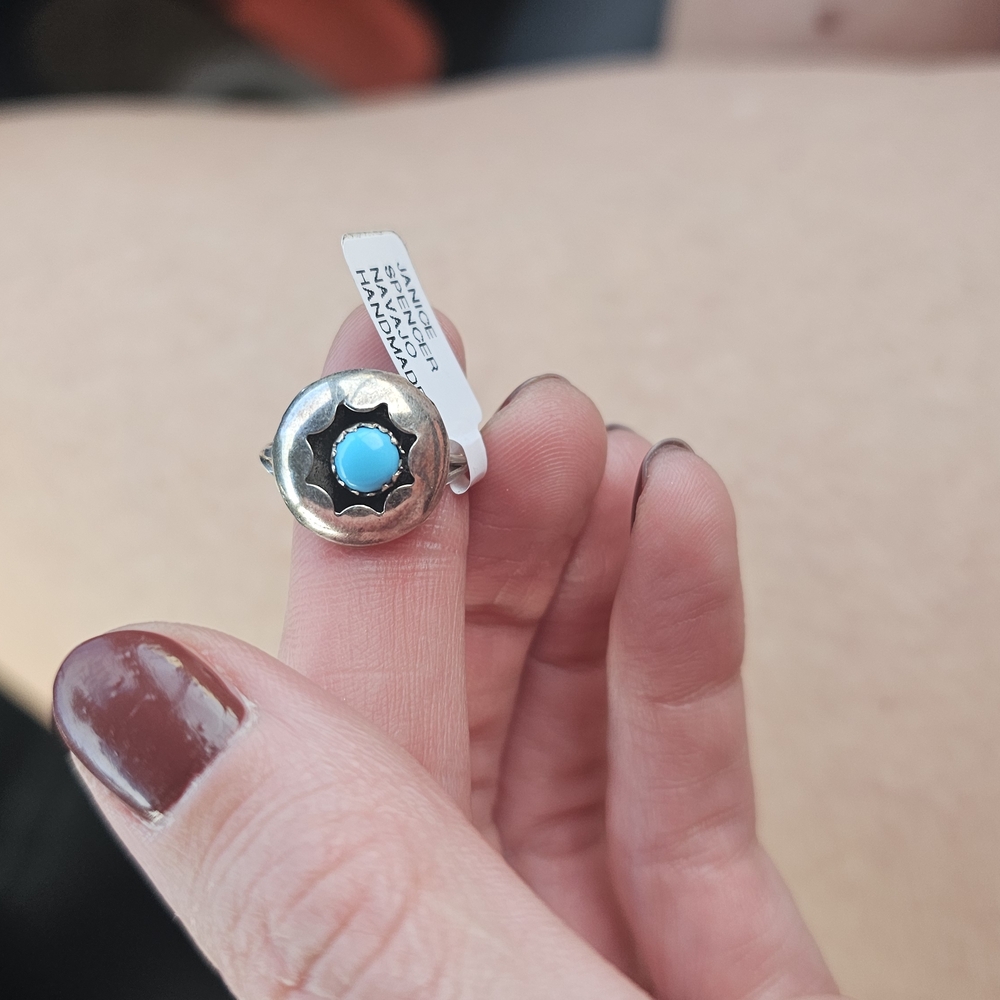 Navajo Handmade. Shadow Box Silver Ring with Turquoise Stone